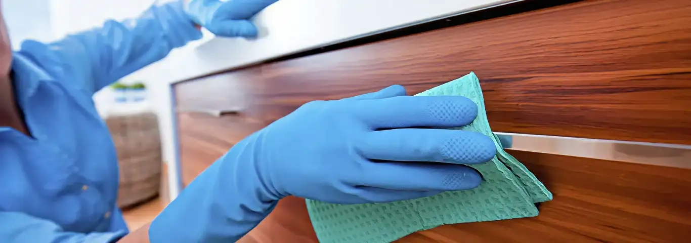 Cleaner wearing blue gloves wiping a wooden cabinet drawer with a microfiber cloth for dust and grime removal, Albuquerque, NM.