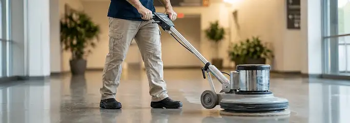 Professional technician using an industrial floor buffer to polish and maintain shiny commercial flooring in a corporate hallway in Albuquerque, NM.