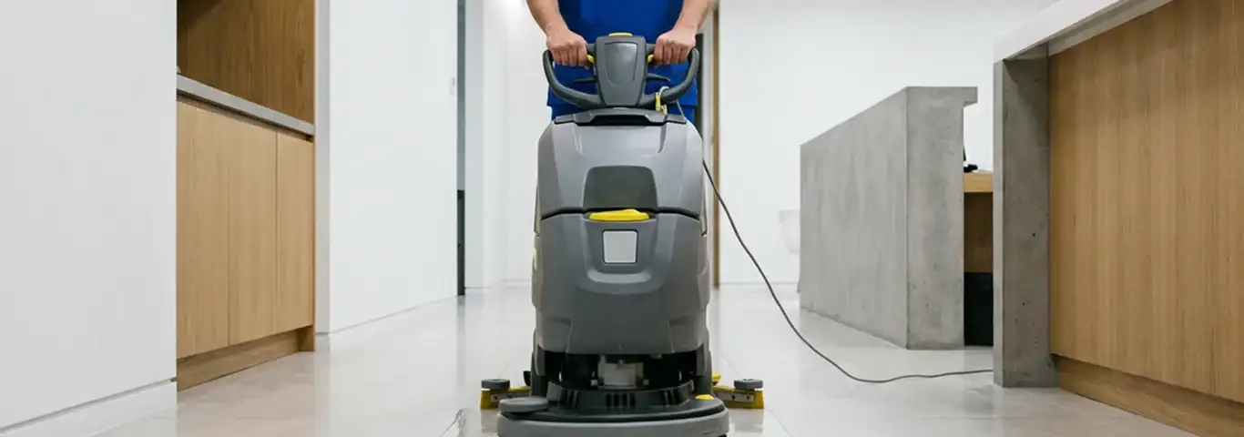 Janitorial staff using a floor scrubber machine to clean a commercial hallway, Albuquerque, NM.