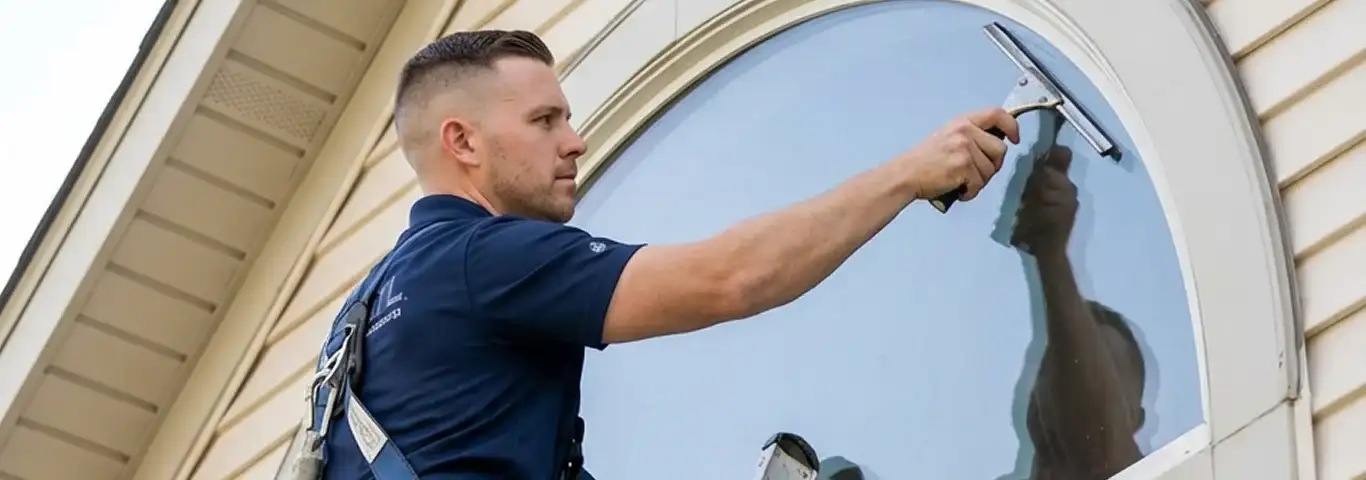Professional window cleaner using a squeegee to clean an exterior arched window on a home, Albuquerque, NM.