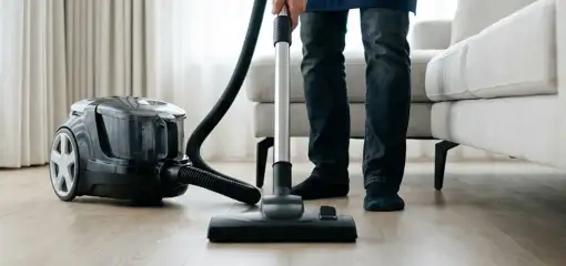 Professional house cleaner vacuuming a living room floor with a canister vacuum cleaner, Albuquerque, NM.