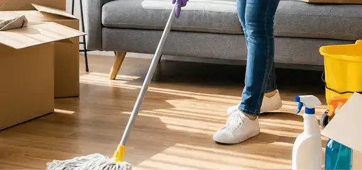 Move-out cleaning setup with a cleaner mopping hardwood floors near moving boxes and cleaning supplies, Albuquerque, NM.
