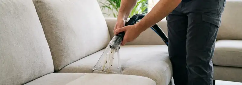 Technician extracting dirt and moisture from a fabric sofa with an upholstery cleaning wand, Albuquerque, NM.