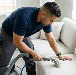 Professional upholstery cleaning technician using an extraction wand to deep-clean a fabric sofa, Albuquerque, NM.