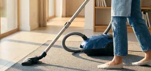 Person vacuuming a living room rug with a canister vacuum cleaner near large windows, Albuquerque, NM.